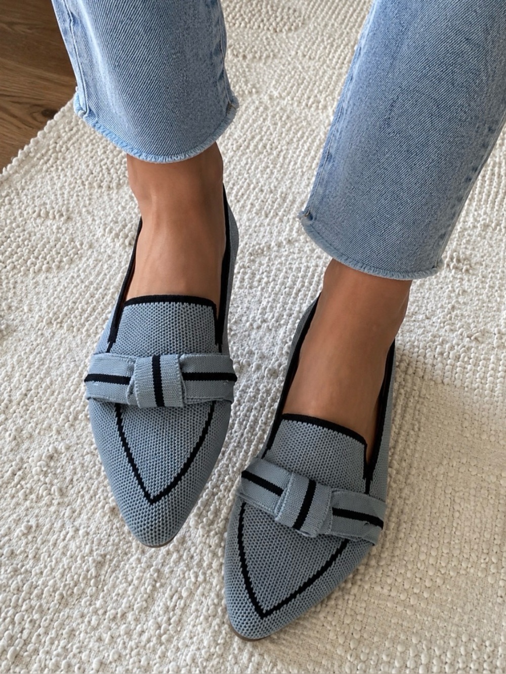 Pointed Knit Slip-On Loafers in Light Blue with Knot Detail